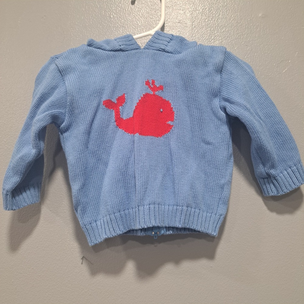 VTG Carriage Boutique Baby Blue Whale Knit Hooded Zip Sweater 3M Preppy Nautical
